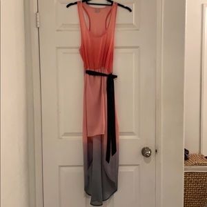 Pink/gray ombre, high-low, belted dress